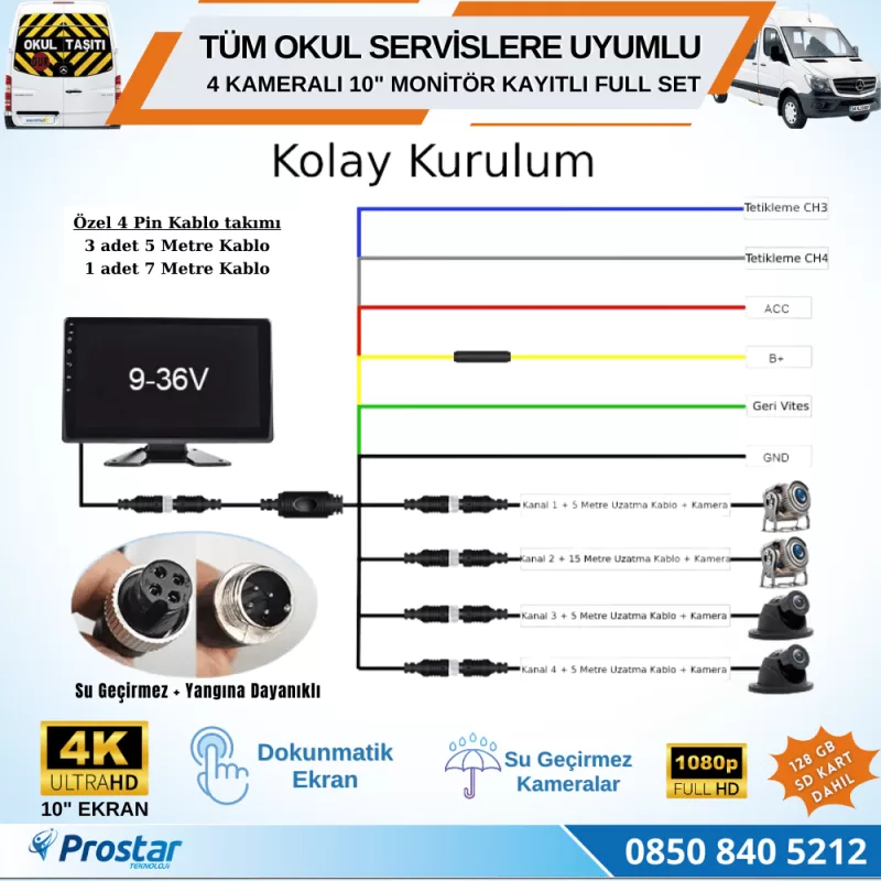 Kayıtlı 4 Kameralı 10 Inç Dokunmatik Ekranlı 128 Gb Sd Dahil Servis Okul Kamera Seti — kod 2968S128Dahil — görsel 6