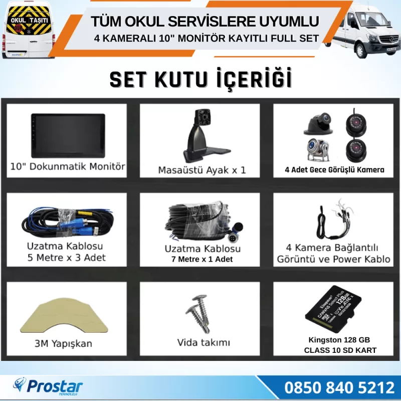 Kayıtlı 4 Kameralı 10 Inç Dokunmatik Ekranlı 128 Gb Sd Dahil Servis Okul Kamera Seti — kod 2968S128Dahil — görsel 7