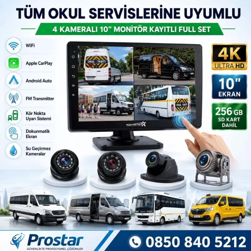 256 Gb Sd Dahil Kayıtlı 4 Kameralı 10 Inç Dokunmatik Ekranlı Servis Okul Kamera Seti — kod 2968S256Dahil