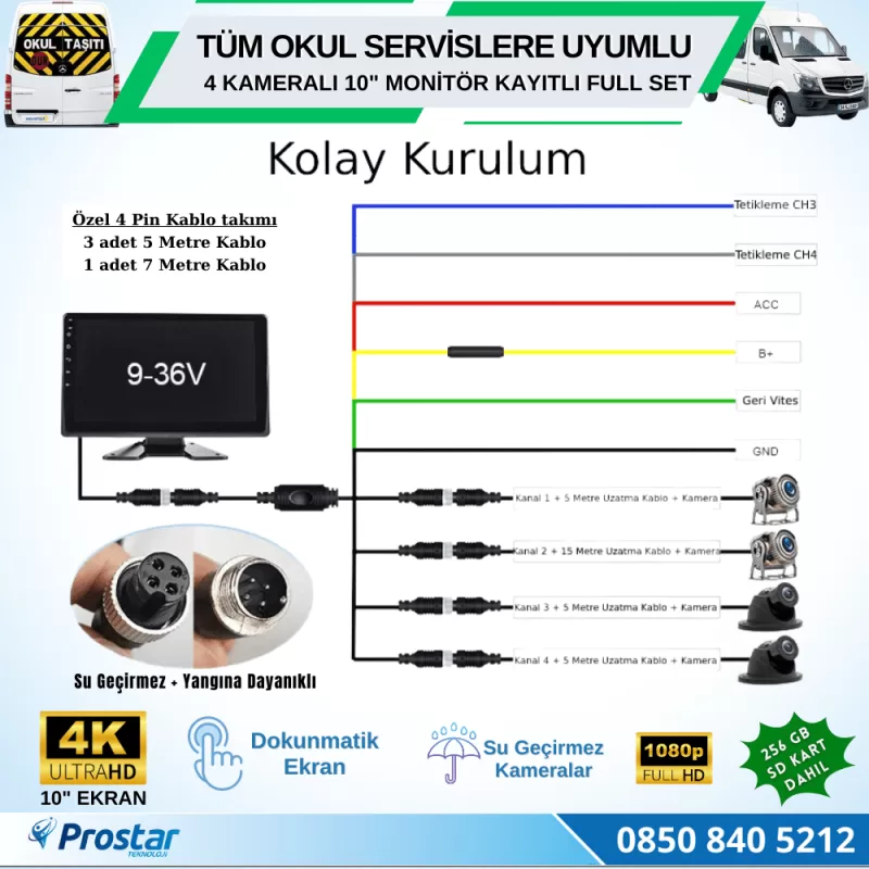 256 Gb Sd Dahil Kayıtlı 4 Kameralı 10 Inç Dokunmatik Ekranlı Servis Okul Kamera Seti — kod 2968S256Dahil — görsel 6