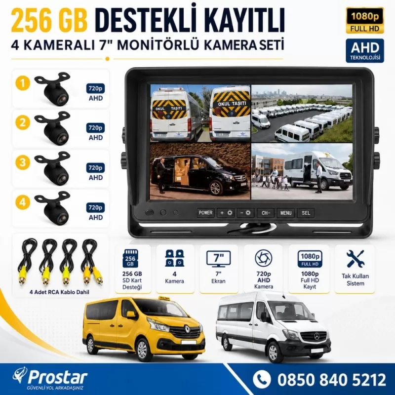 Kayıtlı Ahd Okul Servisler Için 4 Kameralı 7 Inç Monitörlü 720P Araç Kamera Seti — kod Servis256SD