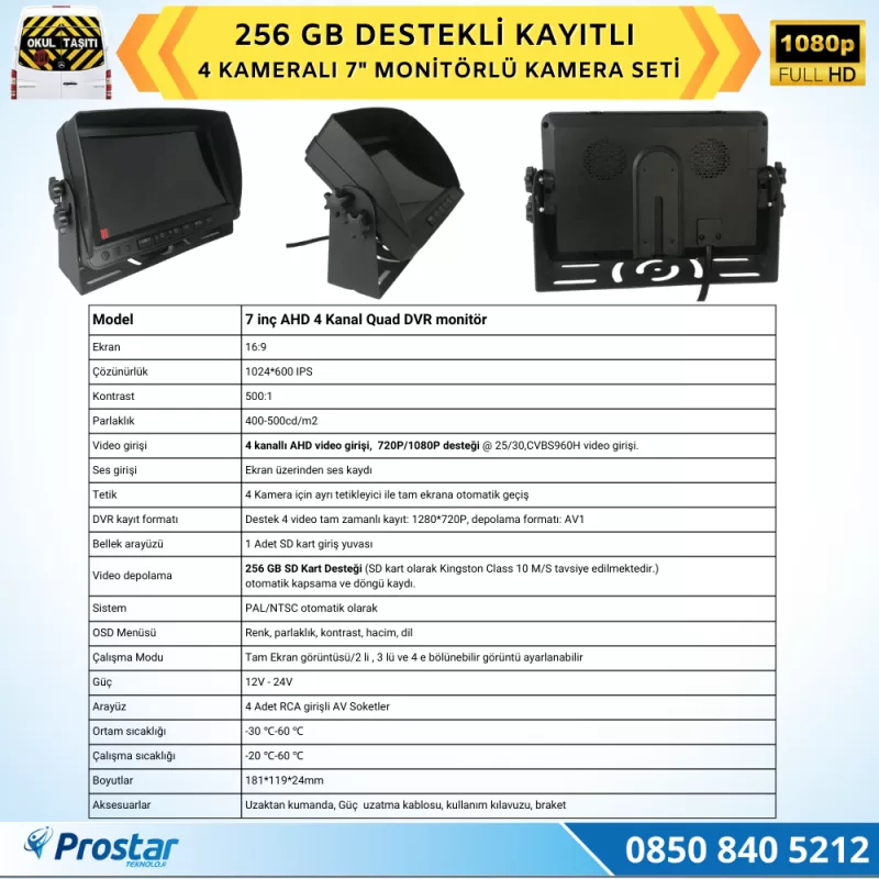 Kayıtlı Ahd Okul Servisler Için 4 Kameralı 7 Inç Monitörlü 720P Araç Kamera Seti — kod Servis256SD — görsel 2