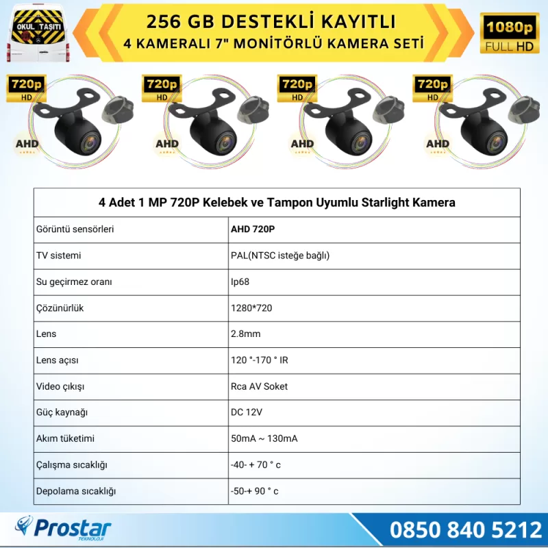 Kayıtlı Ahd Okul Servisler Için 4 Kameralı 7 Inç Monitörlü 720P Araç Kamera Seti — kod Servis256SD — görsel 3