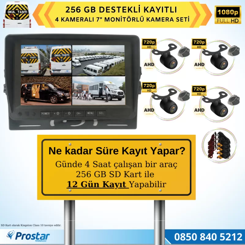 Kayıtlı Ahd Okul Servisler Için 4 Kameralı 7 Inç Monitörlü 720P Araç Kamera Seti — kod Servis256SD — görsel 4