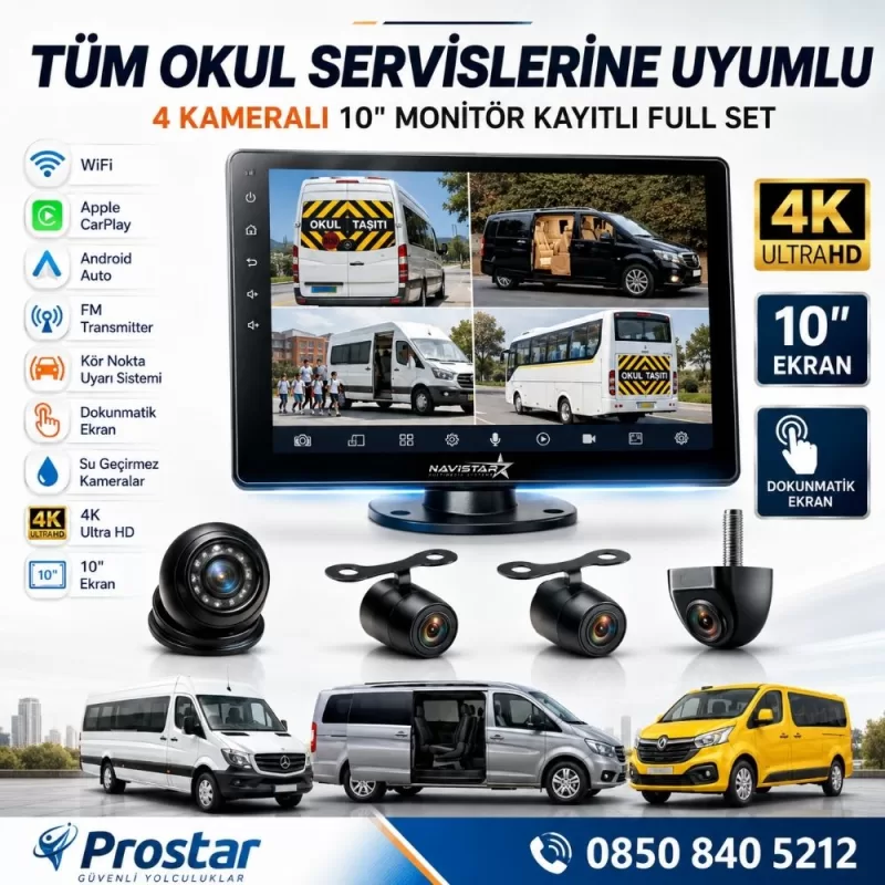 Kayıtlı 4 Kameralı 10 Inç Dokunmatik Monitör 256 Gb Sd Destekli Okul Servis Kamera Seti — kod 10inc720P