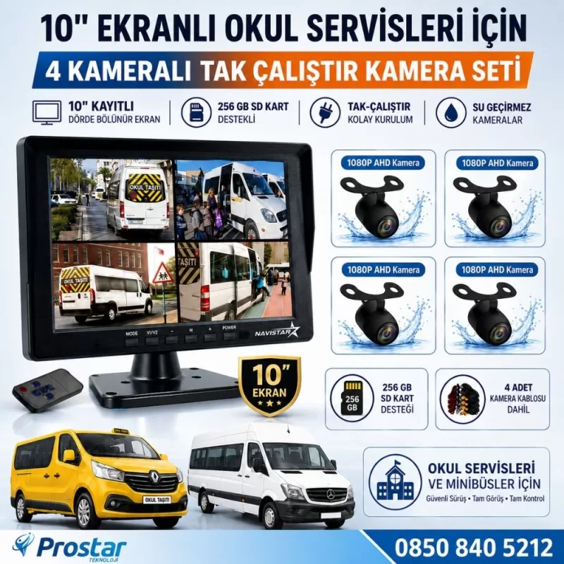 Kayıtlı 10" Dörde Bölünebilir 4 Kameralı Ahd 720P Okul Servisler Için Kamera Seti — kod 2970Servis