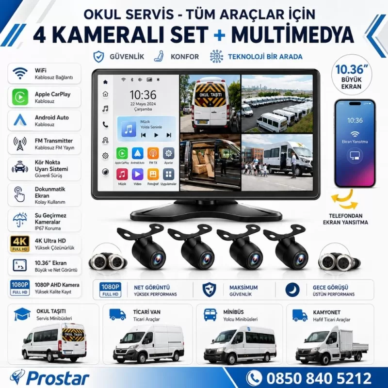 Okul Servisleri Için 10.36" Dokunmatik Ekranlı 4 Kameralı Kayıtlı Video Müzik Telefon Ekran Yansıtma Özellikli Tak Kullan Kamera Seti — kod NVS-A8-4CH-K