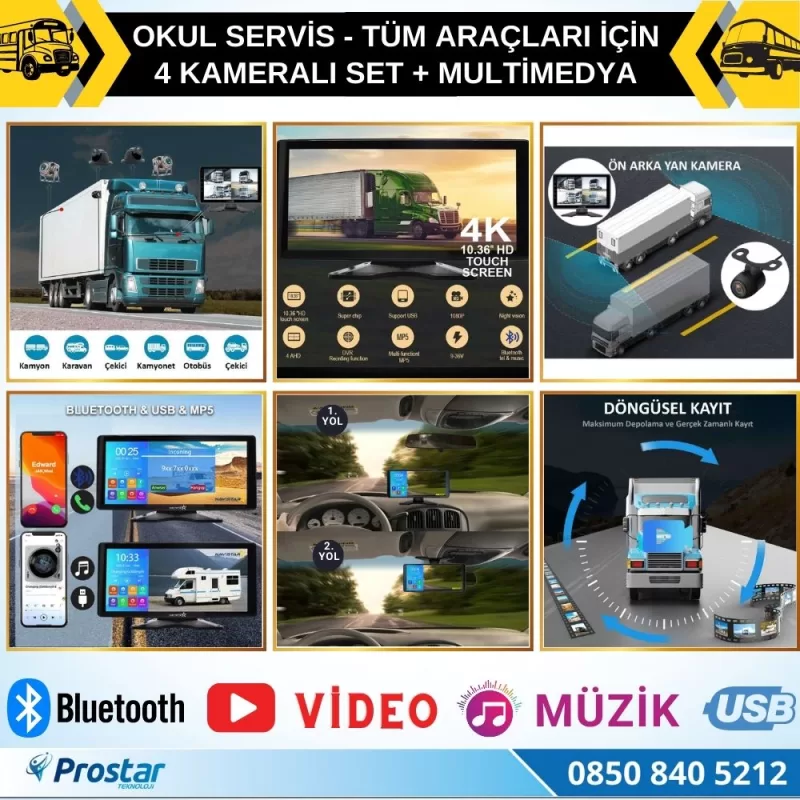 Okul Servisleri Için 10.36" Dokunmatik Ekranlı 4 Kameralı Kayıtlı Video Müzik Telefon Ekran Yansıtma Özellikli Tak Kullan Kamera Seti — kod NVS-A8-4CH-K — görsel 5