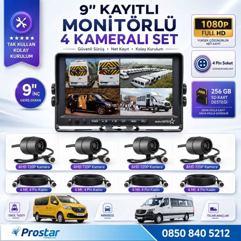 9 Inç Dörde Bölünür Kayıtlı 256Gb Sd Destekli 4 Kameralı 720P Ahd 4 Pin Soketli Tak Kullan Kamera Seti — kod NVS-9280SET