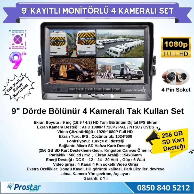 9 Inç Dörde Bölünür Kayıtlı 256Gb Sd Destekli 4 Kameralı 720P Ahd 4 Pin Soketli Tak Kullan Kamera Seti — kod NVS-9280SET — görsel 2