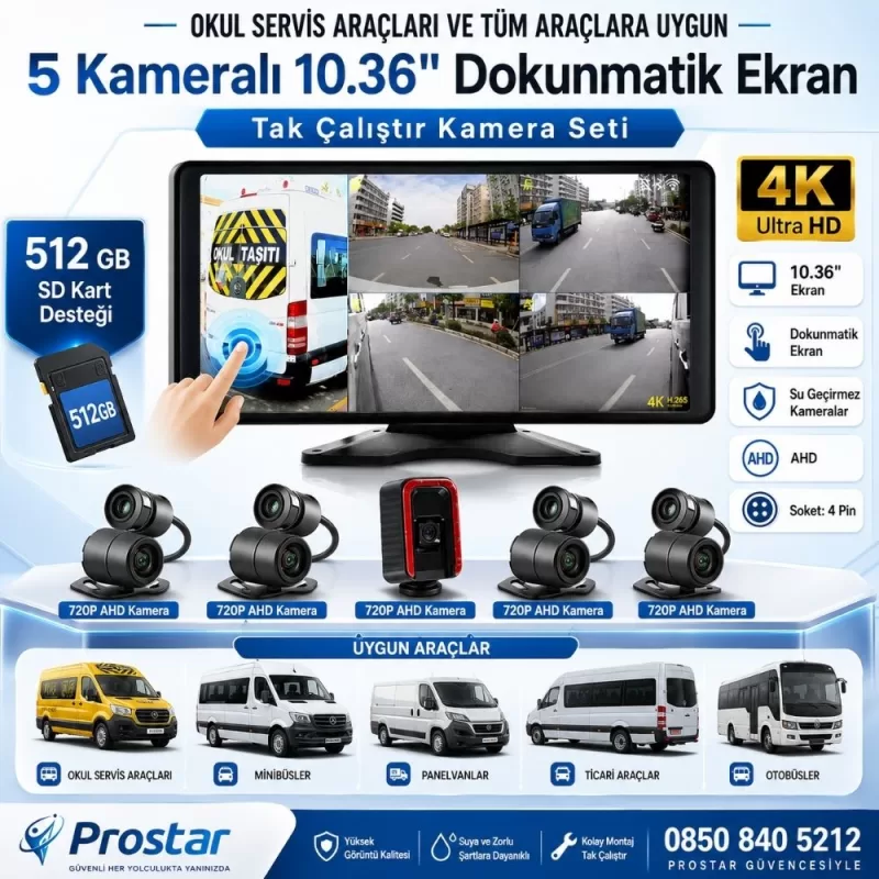 Servisler Için 5 Kameralı 10.36" Dokunmatik Kayıtlı Ekranlı 256 Gb Sd Kart Destekli Araç Kamera Seti — kod NVS-A8-5CH-Servis