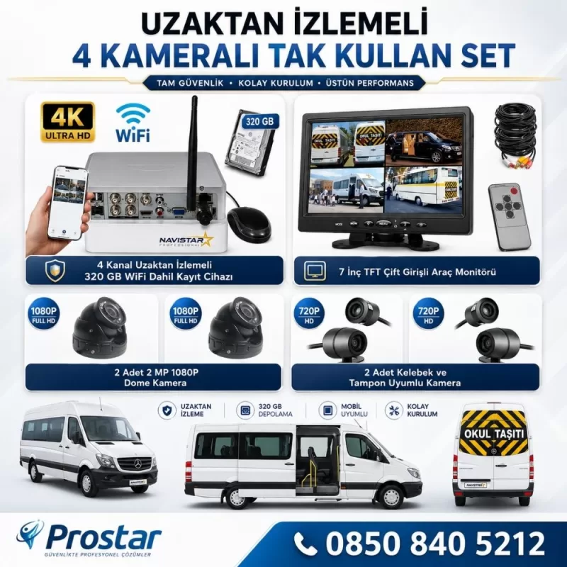 Uzaktan Izlemeli 4 Kameralı Wifi 320 Gb Harddisk 7 Inç Ekranlı Araç Kamera Seti — kod Eko-320W