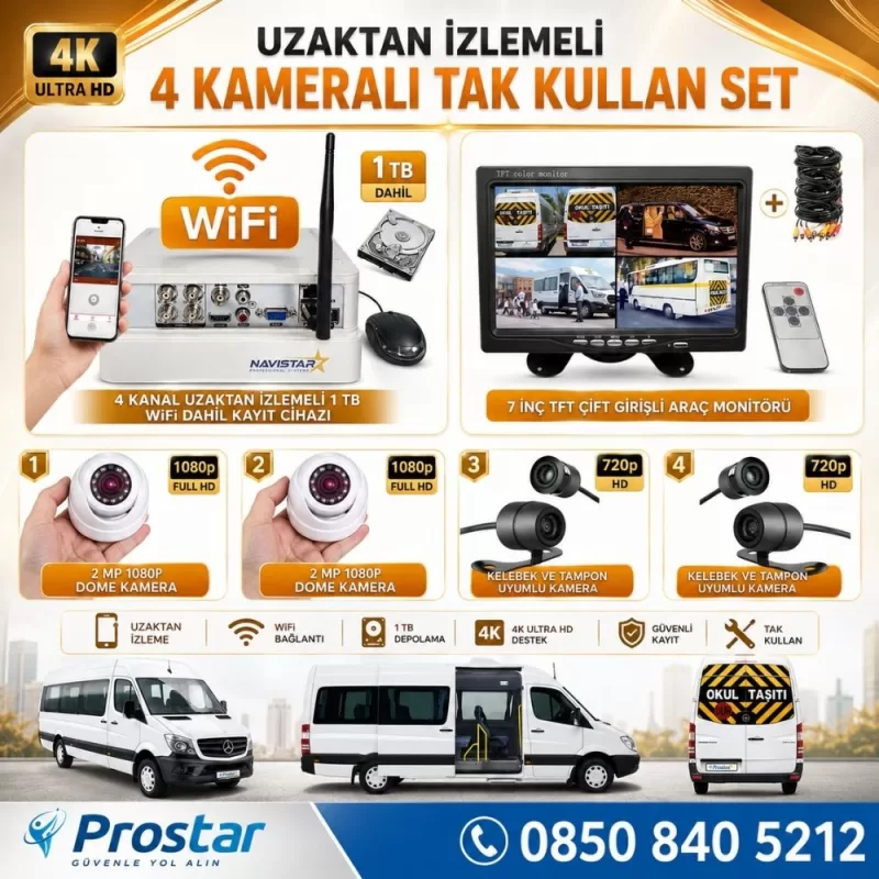Uzaktan izlemeli 4 Kameralı Wifi 1 Tb Harddisk 7 Inç Ekranlı Araç Kamera Seti — kod Eko-1TBW