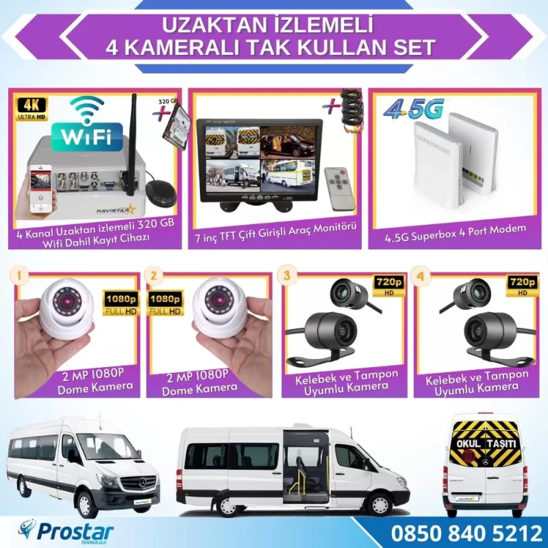 Uzaktan izlemeli 4 Kameralı Wifi 4G 320 Gb Harddisk 7 Inç Ekranlı Araç Kamera Seti — kod Eko-320W-4G