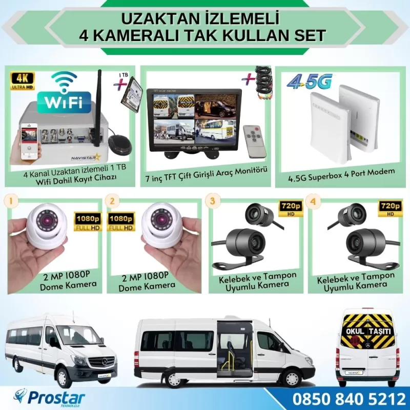 Uzaktan Izlemeli 4 Kameralı Wifi 4G 1 Tb Harddisk 7 Inç Ekranlı Araç Kamera Seti — kod Eko-1TBW-4G