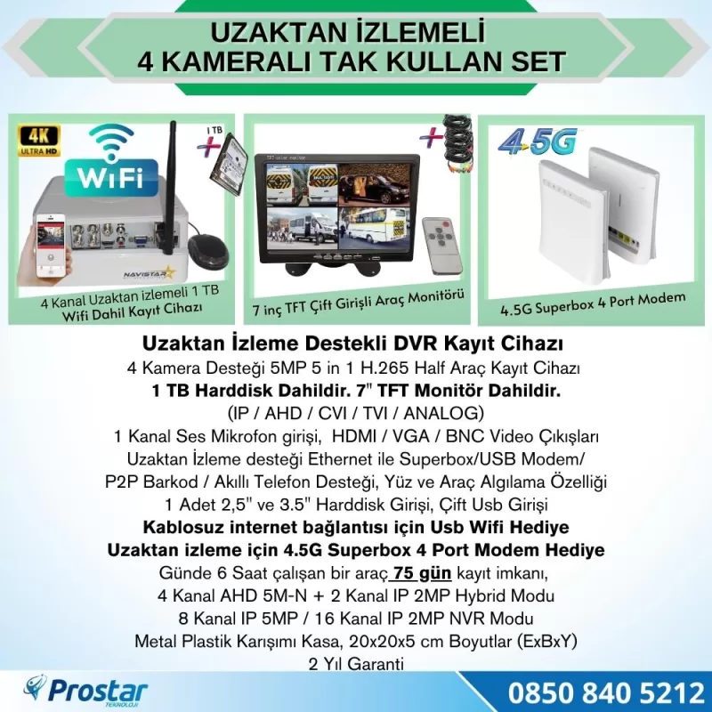 Uzaktan Izlemeli 4 Kameralı Wifi 4G 1 Tb Harddisk 7 Inç Ekranlı Araç Kamera Seti — kod Eko-1TBW-4G — görsel 2