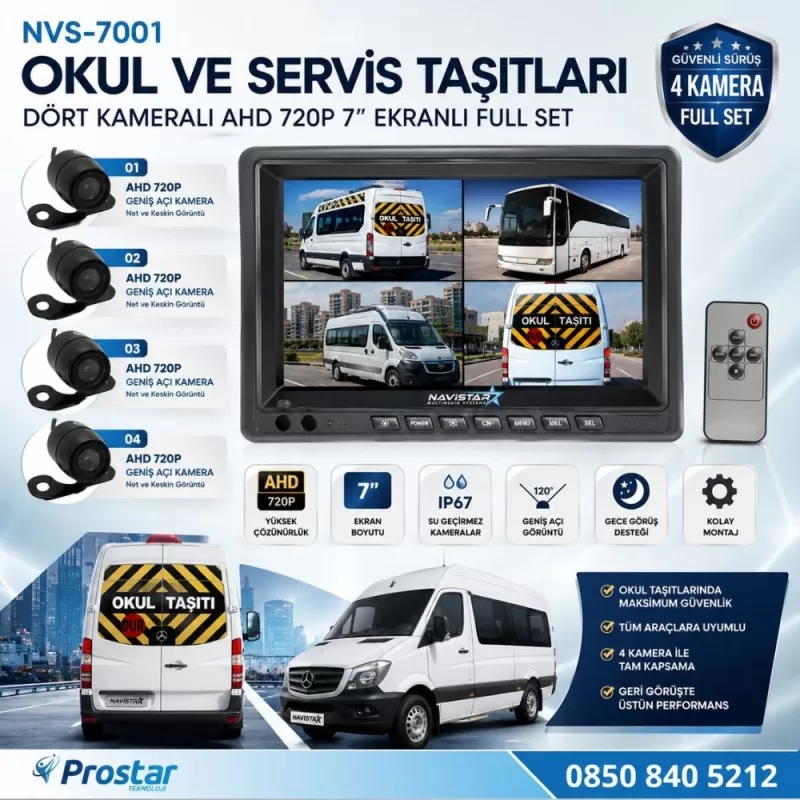 Okul Ve Servis Taşıtları Dört Kameralı AHD 720P 7" Ekranlı 4 Kamera Dahil Full Set — kod NVS-7001SET
