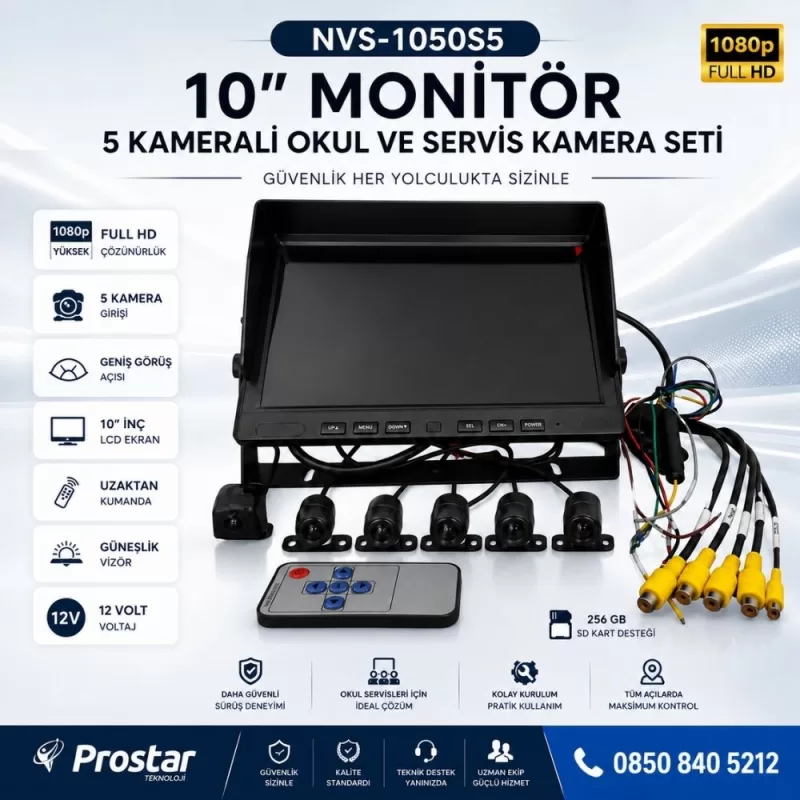 10" Monitör Beş Kameralı 720p Kayıtlı Servis ve Okul Taşıt Kamera Seti — kod NVS-1050S5