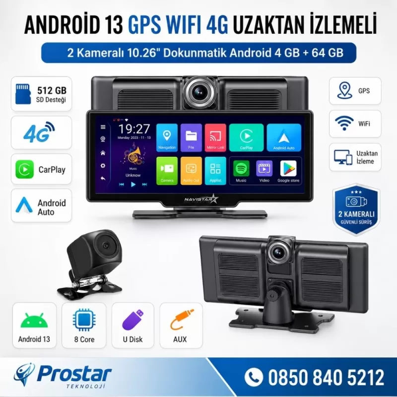 Kayıtlı 2 Kameralı Android 13 WIFI GPS 4G Uzaktan izlemeli 4 GB + 64 GB Carplay 512 GB Destekli Tak Kullan Kamera Seti — kod N26X-4G