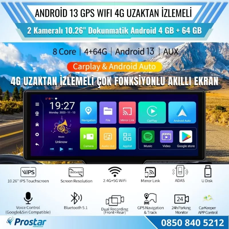 Kayıtlı 2 Kameralı Android 13 WIFI GPS 4G Uzaktan izlemeli 4 GB + 64 GB Carplay 512 GB Destekli Tak Kullan Kamera Seti — kod N26X-4G — görsel 3