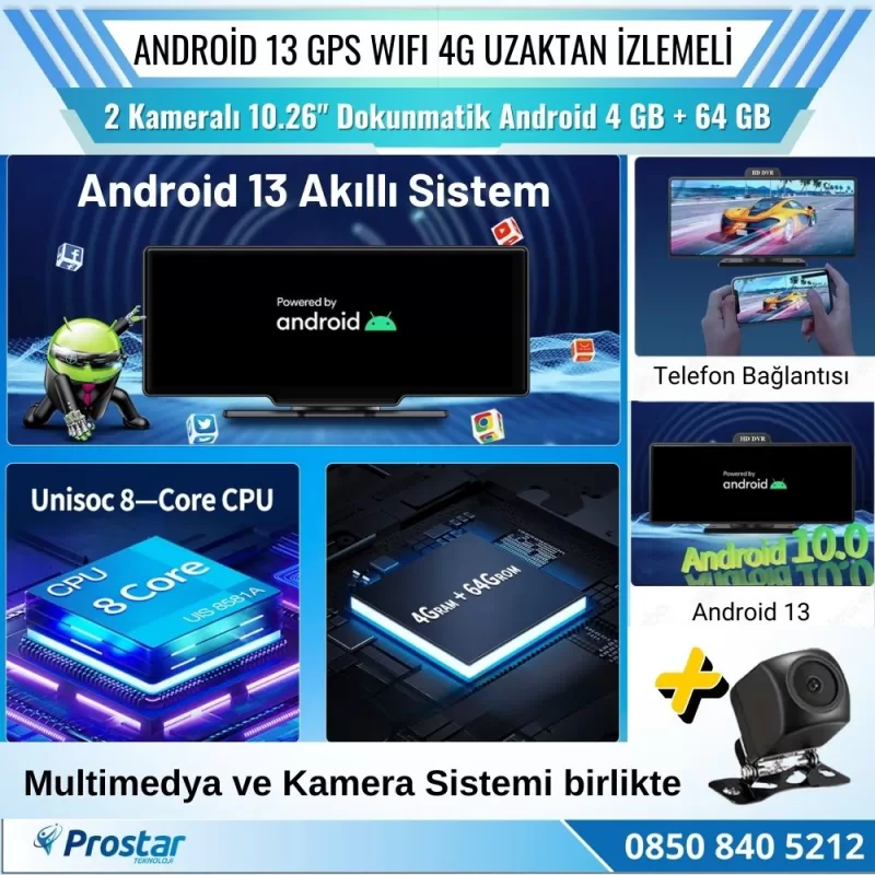 Kayıtlı 2 Kameralı Android 13 WIFI GPS 4G Uzaktan izlemeli 4 GB + 64 GB Carplay 512 GB Destekli Tak Kullan Kamera Seti — kod N26X-4G — görsel 4