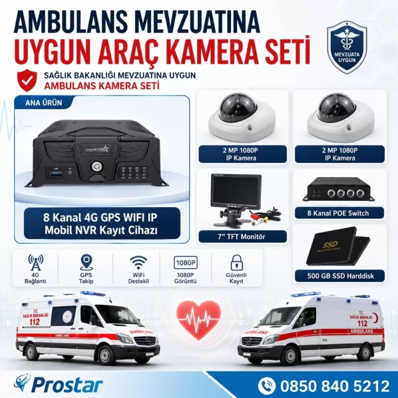 Ambulans Mevzuatına Uygun 2 Kameralı 8 Kanal Mobil NVR 500 GB 7 inç Monitörlü Tak Kullan Set — kod S9_Ambulans500