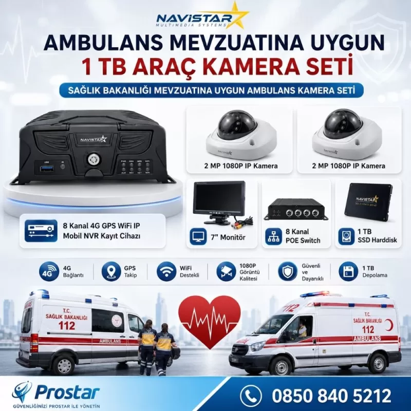 Ambulans Mevzuatına Uygun 2 Kameralı 8 Kanal Mobil NVR 1 TB 7 inç Monitörlü Tak Kullan Set — kod S9_Ambulans1TB