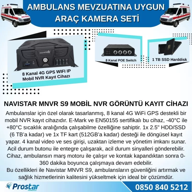 Ambulans Mevzuatına Uygun 2 Kameralı 8 Kanal Mobil NVR 1 TB 7 inç Monitörlü Tak Kullan Set — kod S9_Ambulans1TB — görsel 2