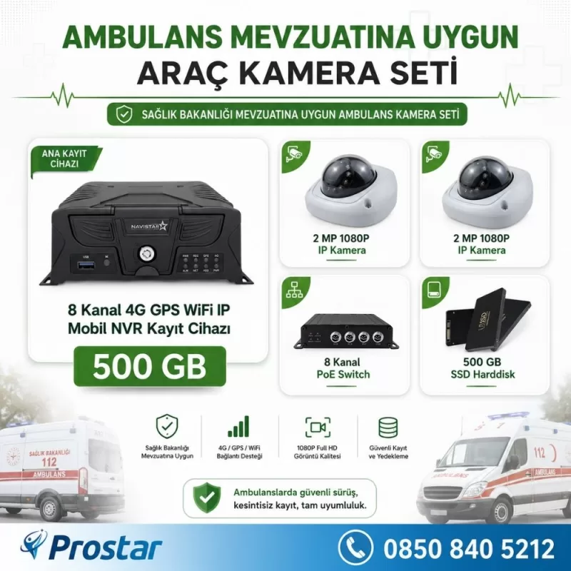 Ambulans Yönetmeliğine Uygun 2 Kameralı 8 Kanal Mobil NVR 500 GB  Tak Kullan Set — kod S9_Ambulans500_Set2