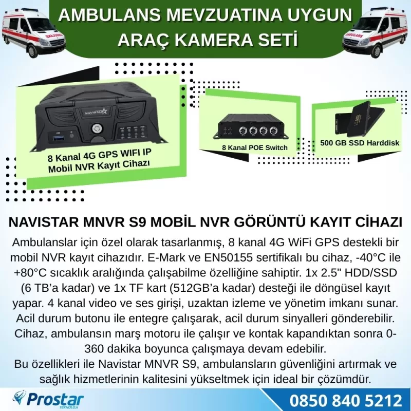 Ambulans Yönetmeliğine Uygun 2 Kameralı 8 Kanal Mobil NVR 500 GB  Tak Kullan Set — kod S9_Ambulans500_Set2 — görsel 2