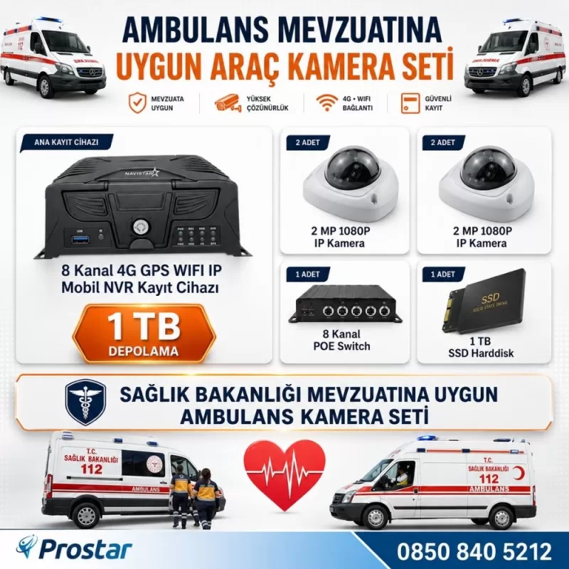 Ambulans Mevzuatına Uygun 1 TB 2 Kameralı 8 Kanal Mobil NVR Tak Kullan Set — kod S9_Ambulans1TB_Set2