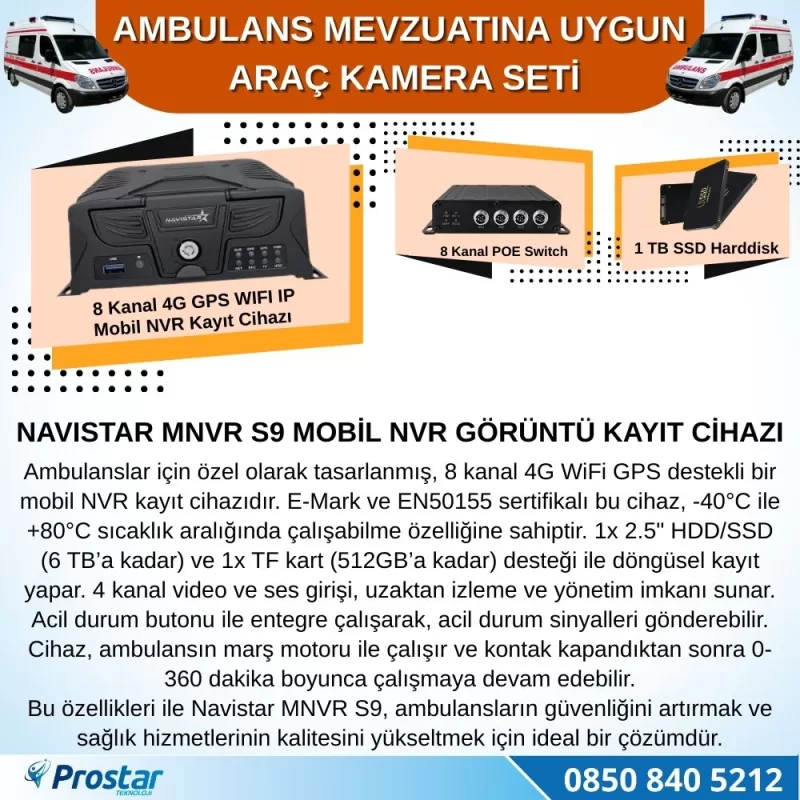 Ambulans Mevzuatına Uygun 1 TB 2 Kameralı 8 Kanal Mobil NVR Tak Kullan Set — kod S9_Ambulans1TB_Set2 — görsel 2