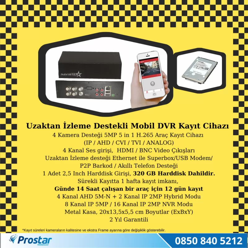 Ticari Taksi Kayıtlı Uzaktan Izlenebilir 2 Kameralı Tak Kullan Kamera Seti — kod NavistarTaxi320 — görsel 3