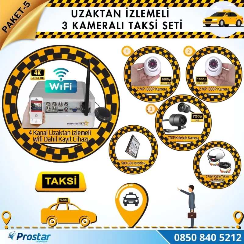 Taksi Kamera Seti 5 Uzaktan Izlemeli 3 Kameralı Wifi 500 Gb Harddisk Dahil — kod Taksi-5W