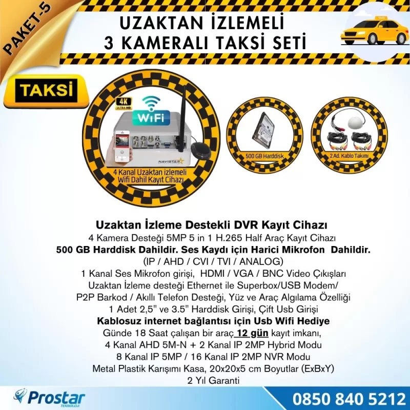 Taksi Kamera Seti 5 Uzaktan Izlemeli 3 Kameralı Wifi 500 Gb Harddisk Dahil — kod Taksi-5W — görsel 2