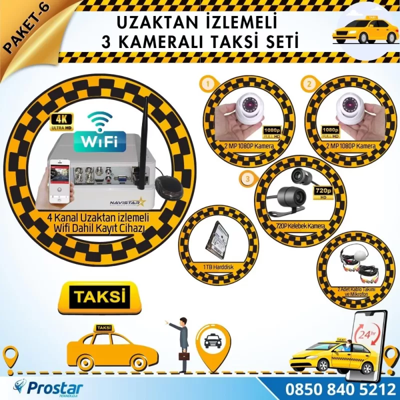 Taksi Kamera Seti 6 Uzaktan Izlemeli 3 Kameralı Wifi 1 Tb Harddisk Dahil — kod Taksi-6W