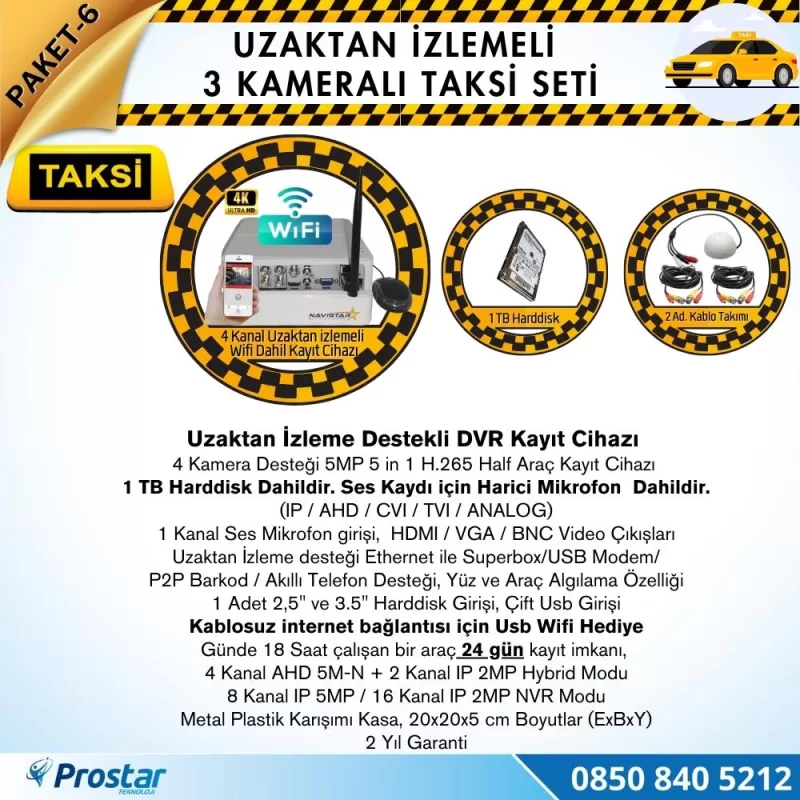 Taksi Kamera Seti 6 Uzaktan Izlemeli 3 Kameralı Wifi 1 Tb Harddisk Dahil — kod Taksi-6W — görsel 2