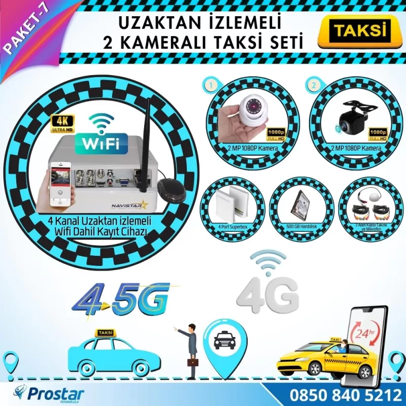 Taksi Kamera Seti 7 Uzaktan Izlemeli 2 Kameralı Wifi 4G 500 Gb Harddisk Dahil — kod Taksi-7W-4G