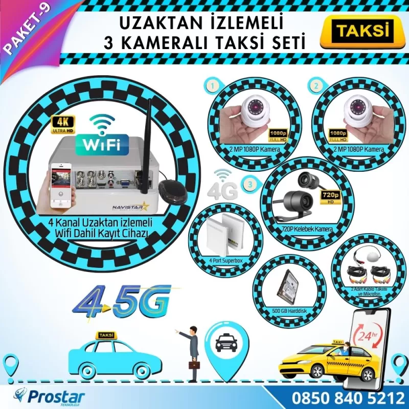 Taksi Kamera Seti 9 Uzaktan Izlemeli 3 Kameralı Wifi 4G 500 Gb Harddisk Dahil — kod Taksi-9W-4G