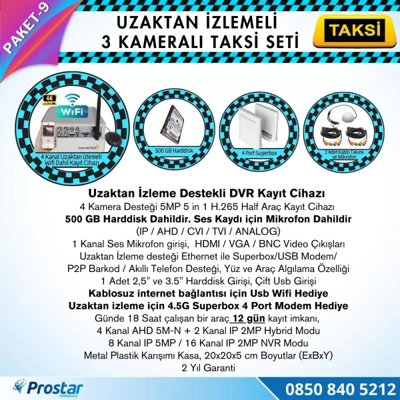 Taksi Kamera Seti 9 Uzaktan Izlemeli 3 Kameralı Wifi 4G 500 Gb Harddisk Dahil — kod Taksi-9W-4G — görsel 2