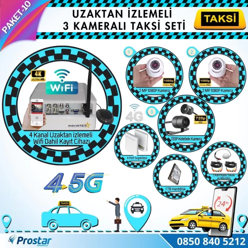 Taksi Kamera Seti 10 Uzaktan Izlemeli 3 Kameralı Wifi 4G 1 Tb Harddisk Dahil — kod Taksi-10W-4G