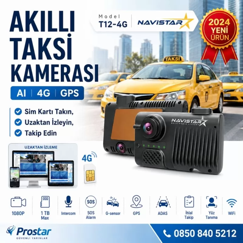 Uzaktan izlemeli 2 Kameralı Wifi GPS 4G Yapay Zeka destekli Akıllı Dashcam Taksi Kamera Sistemi — kod T12-S21