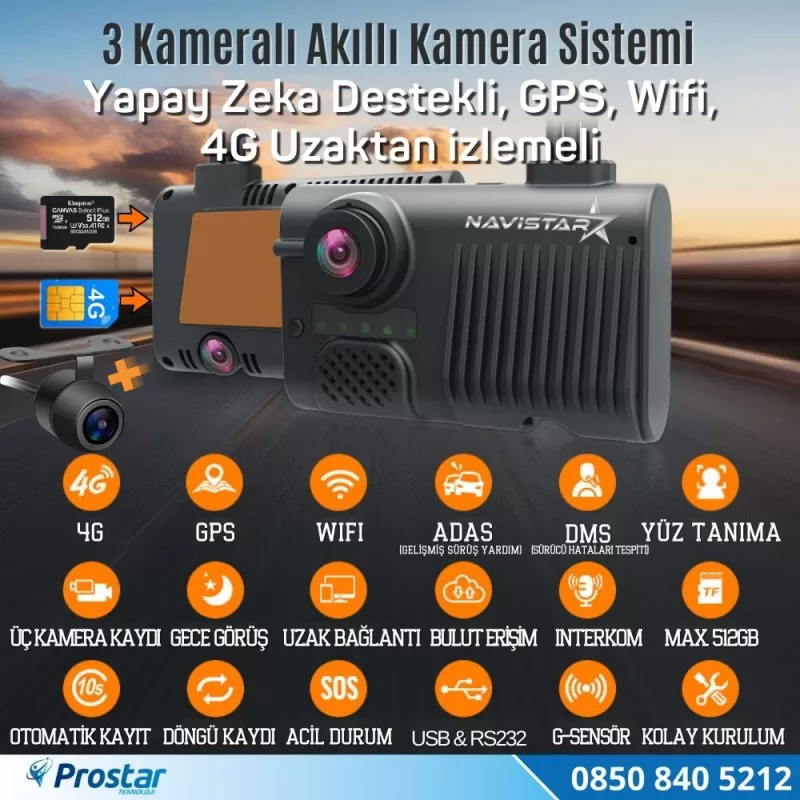 Uzaktan izlemeli 3 Kameralı Wifi GPS 4G Yapay Zeka destekli Akıllı Dashcam Taksi Kamera Sistemi — kod T12-S61 — görsel 3