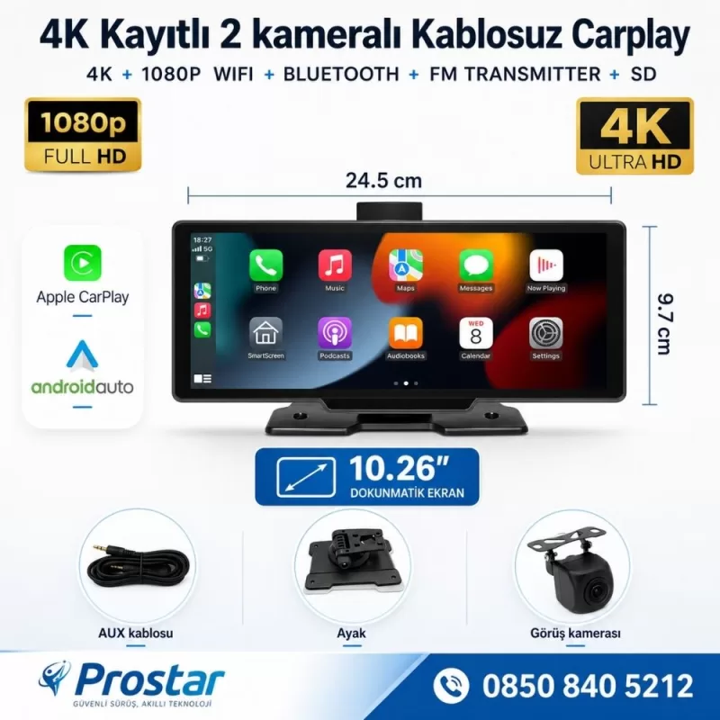 Dokunmatik 10.26 inç 4K+1080P Çift Kameralı Kablosuz Carplay Wifi Bluetooth Set — kod C50