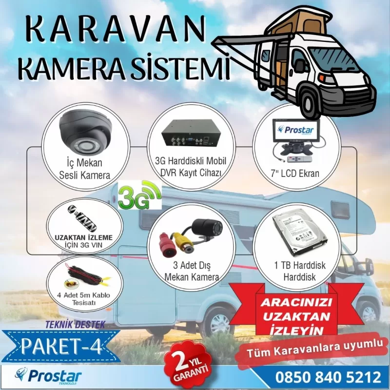 Uzaktan Takipli Karavan Kamera Sistemi Seti Kayıtlı Harddiskli 1 Tb Dahil 4 Kameralı Ekranlı — kod ProKaravanSet4