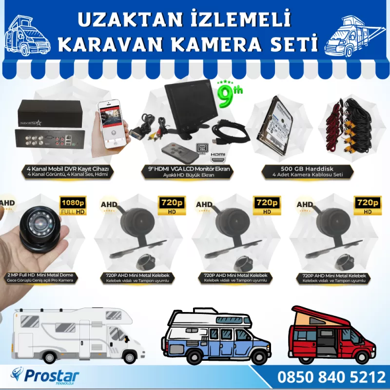 Uzaktan İzlemeli Karavan Kamera Seti 4 Kameralı 500 Gb Harddisk Dahil Kayıtlı 9 Inç Hdmi Ekranlı — kod KaravanSet2023-320