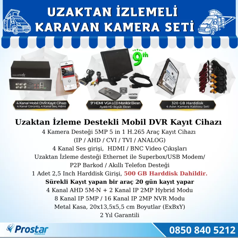 Uzaktan İzlemeli Karavan Kamera Seti 4 Kameralı 500 Gb Harddisk Dahil Kayıtlı 9 Inç Hdmi Ekranlı — kod KaravanSet2023-320 — görsel 2