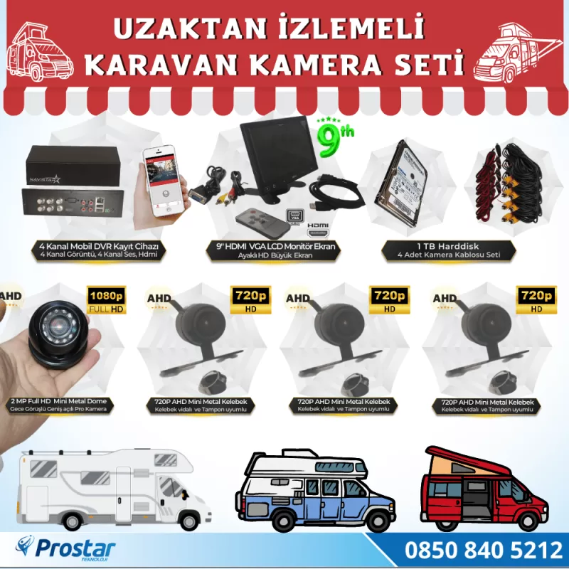 Karavan 1 Tb Harddiskli 9 Inç Hdmi Monitörlü 4 Kameralı Uzaktan İzlemeli Kayıtlı Kamera Seti — kod KaravanSet2023-1TB