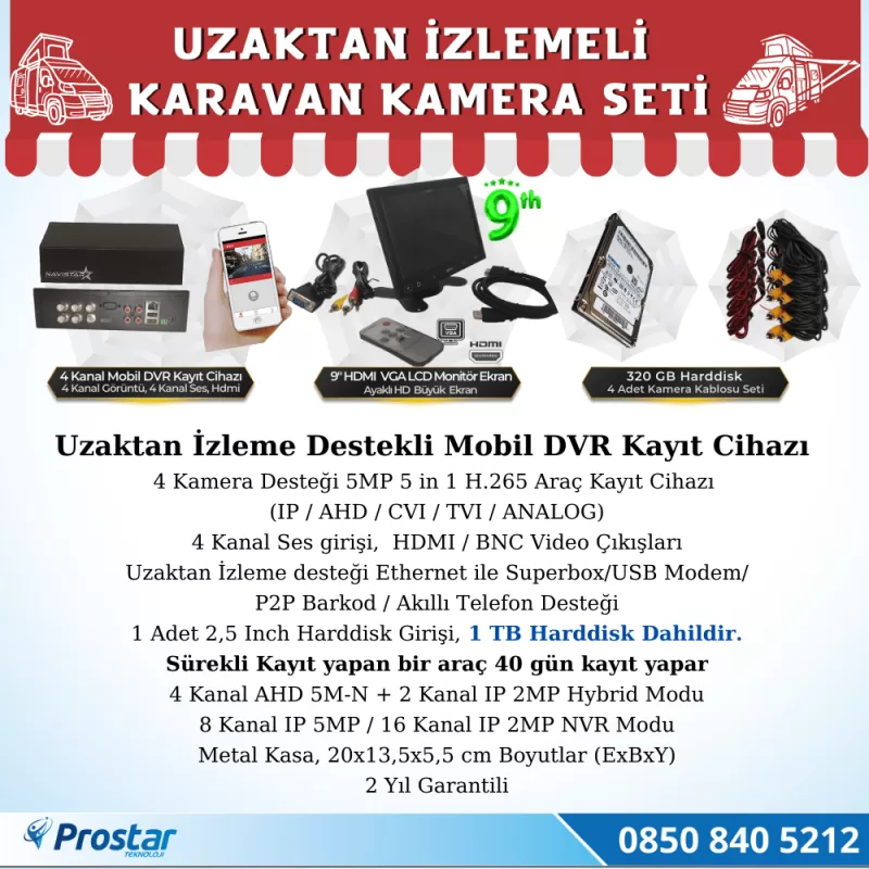 Karavan 1 Tb Harddiskli 9 Inç Hdmi Monitörlü 4 Kameralı Uzaktan İzlemeli Kayıtlı Kamera Seti — kod KaravanSet2023-1TB — görsel 2