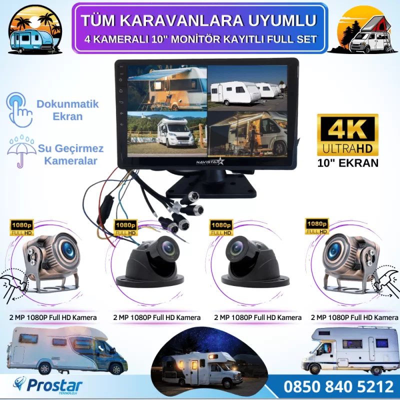 Karavan Kamera Seti 4 Kameralı 10 Inç Dokunmatik Ekranlı 256 Gb Sd Destekli Tak Kullan — kod 2968K